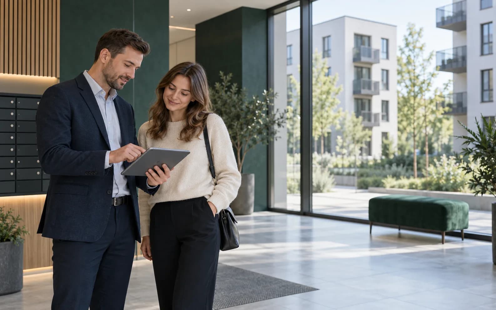 A property manager and resident reviewing building information