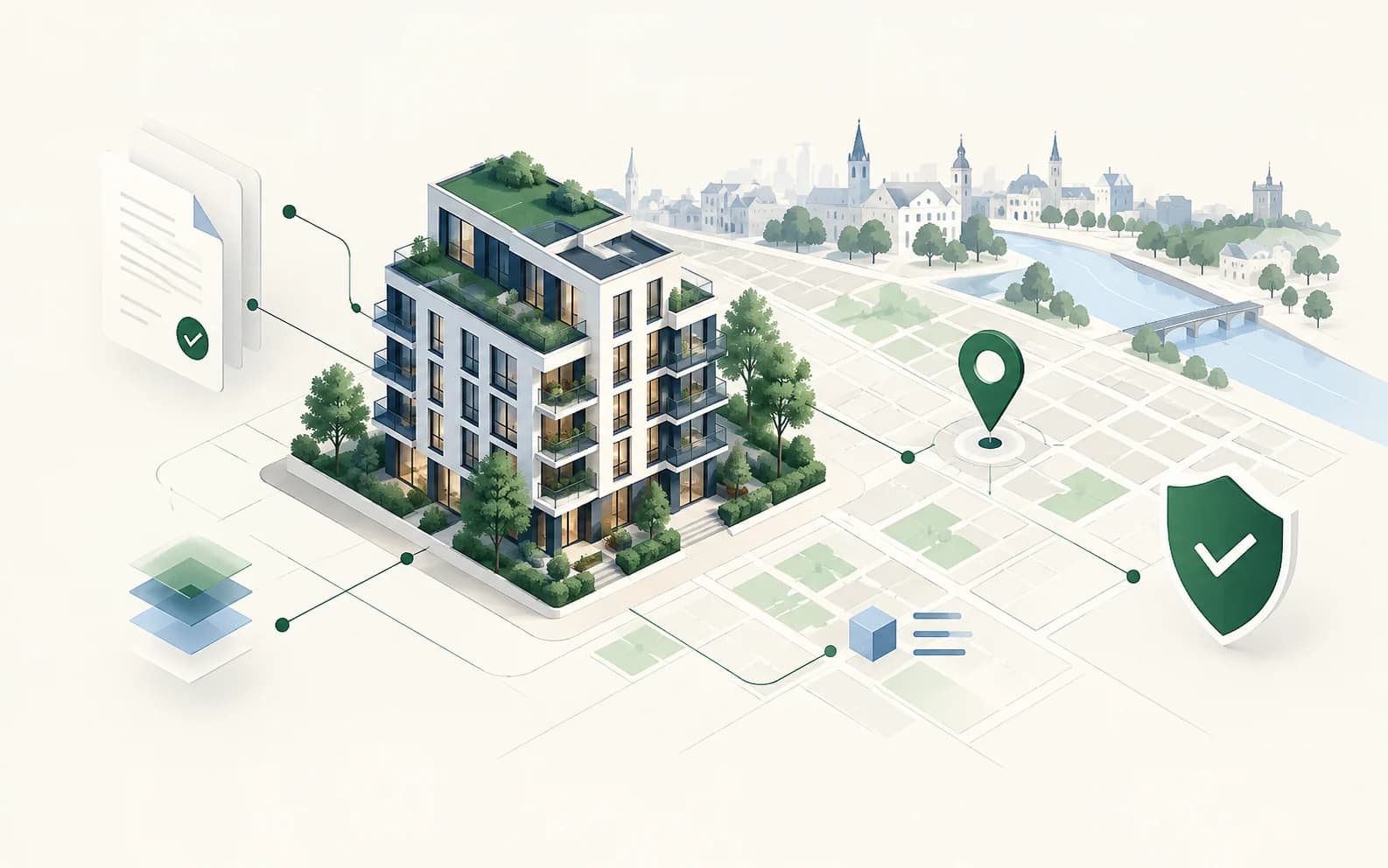 Illustration of a building, map and trusted data